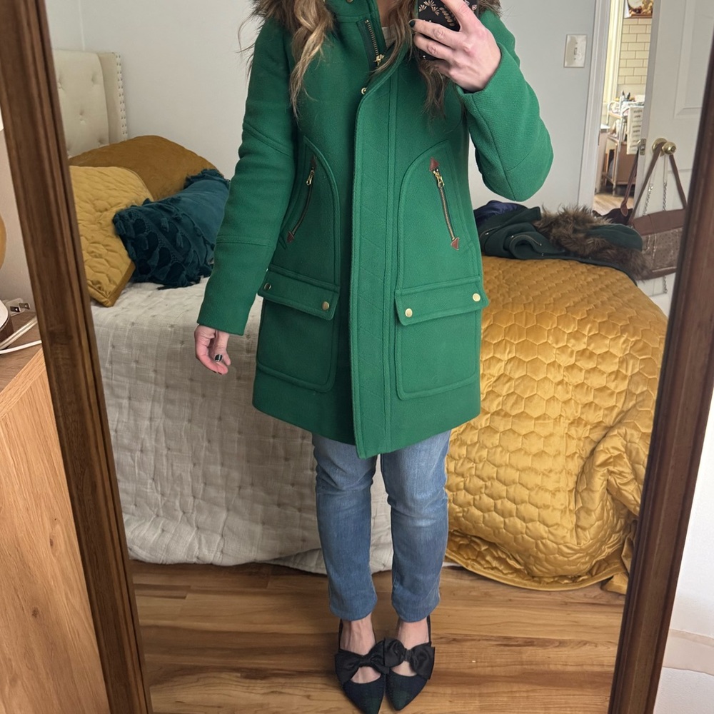 J. Crew Chateau Parka Italian stadium cloth wool meadow green Kelly trim hood 00 - Picture 11 of 11